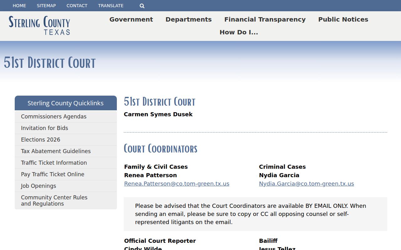 Sterling County criminal court docket contacts for the 51st District Court