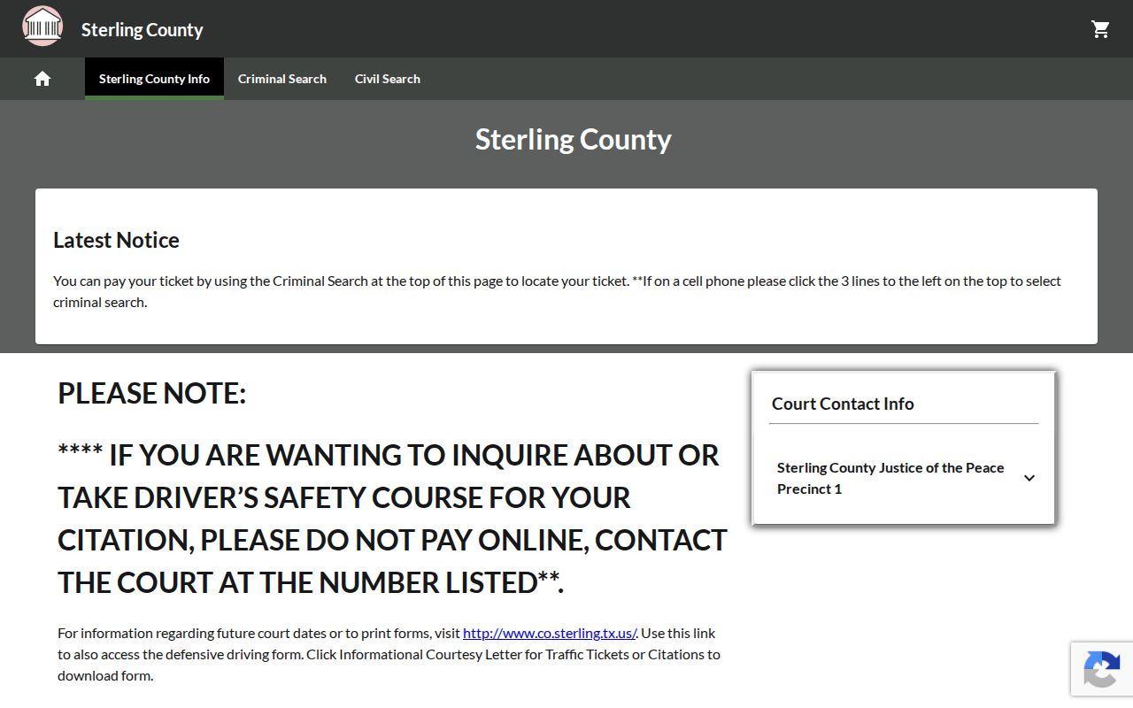 GovRec Sterling County citation search and payment landing page