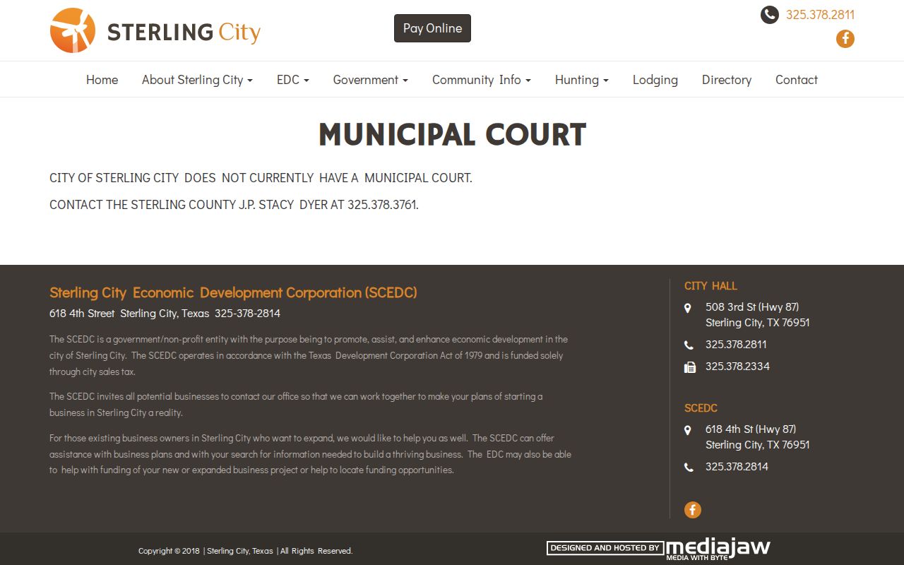 Sterling City official page stating that the city has no municipal court and directing users to the county Justice Court
