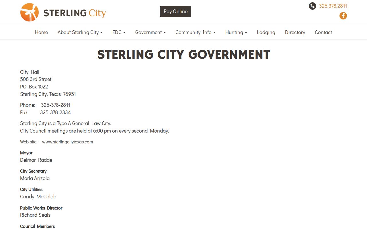 Sterling City government webpage with City Hall address and city contacts