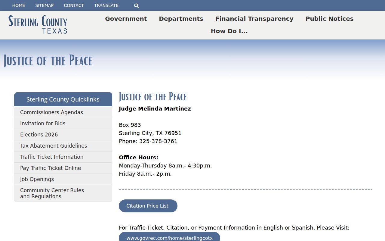 Sterling County Justice Court docket contacts